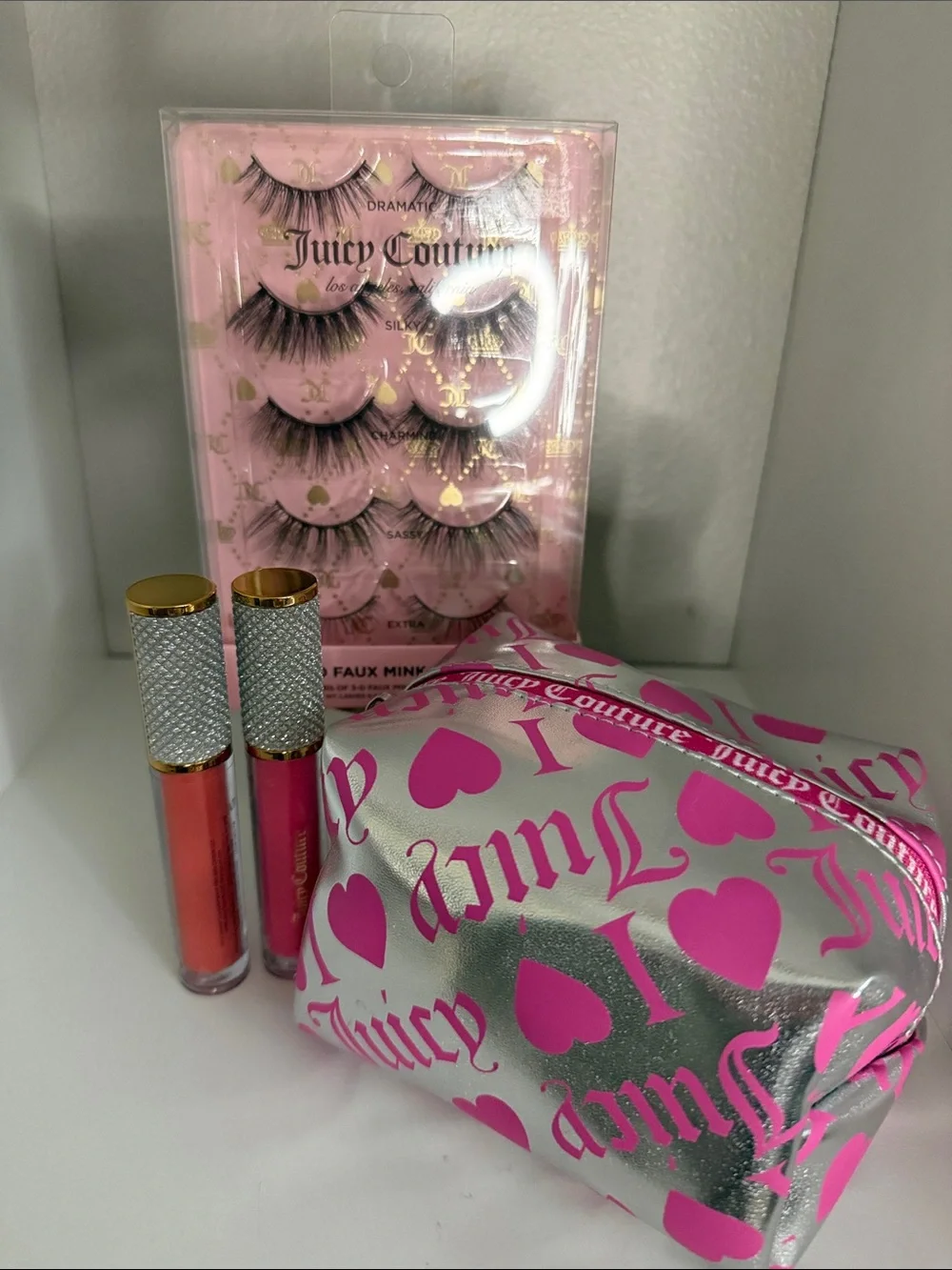 S Juicy Couture Silver Pink Cosmetic Pouch, Lip Glosses & Juicy Lashes